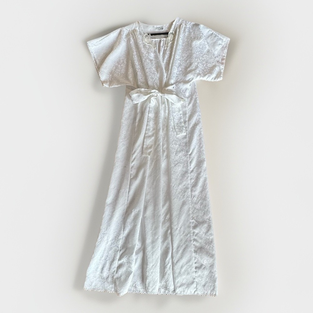 Vintage Lily of France Satin Lace Peignoir‎ Robe M White Jacquard Sissy Lingerie